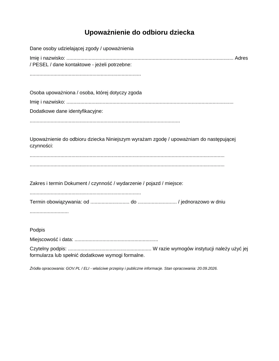 Upoważnienie do odbioru dziecka